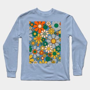 Retro Garden Gingham Flowers Colorful Vintage Aesthetic Floral Pattern Blue Mustard Green Orange Long Sleeve T-Shirt